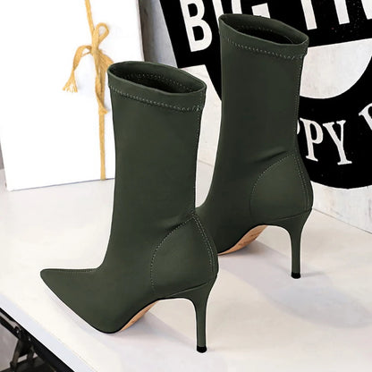 BIGTREE Shoes Stiletto Sexy Elastic Boots Women Shoes Sexy Stretch Fabric Ankle Boots Pointed Tip High Heels Boots Plus Size 43