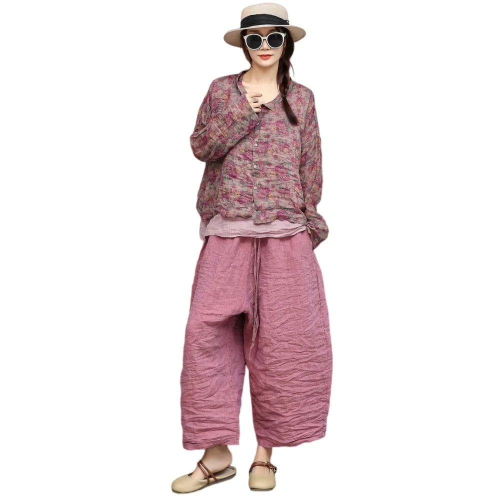 Women Summer Floral Lightweight Ramie Long-sleeve Shirt + Loose Cropped Pants Two-piece Set XY442