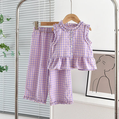 Pink Girl's Summer Two-piece Set with Single Breasted Sleeveless Top and Casual Pants, New Children's Sets Kids Clothes