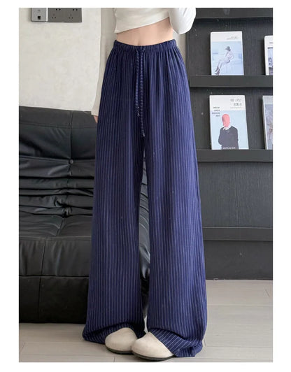 Casual Ice Silk Linen Stripe Wide Leg Pants Women Summer Thin plus Size Loose Drapey Small Cotton Linen Pants High Waist Stra...
