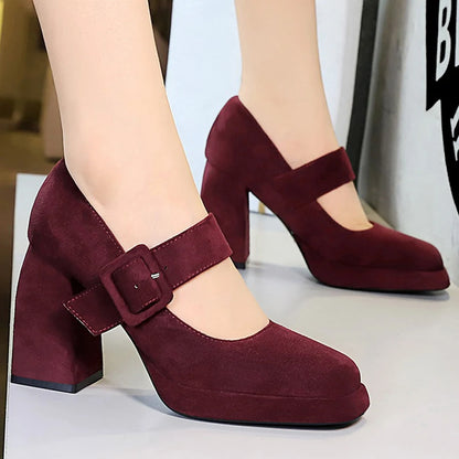 BIGTREE Shoes Spring Chunky Women Pumps Belt Buckle High Heels Square Headed Platform Heels Suede Block Heels Ladies Shoes New