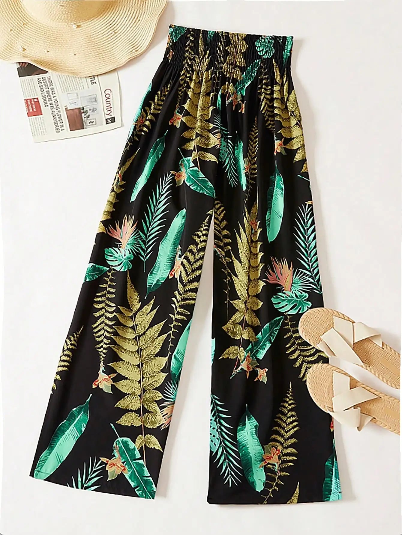 Women's Tropical Leaf Print Wide Leg Pants, Casual Elastic Waist Drawstring Palazzo Trousers For Ladies