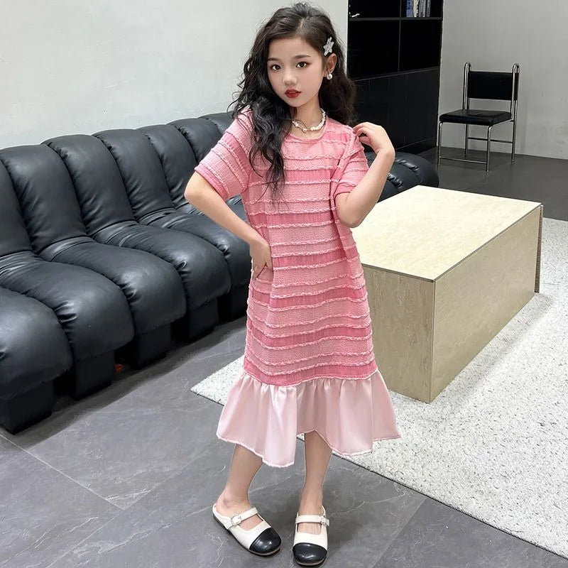 Summer Short-sleeved Fishtail Skirt Junior Girls' Clothing Korean Kids Clothes Year Old Dress 10 12 Years Frocks Girl 11 Beach 9