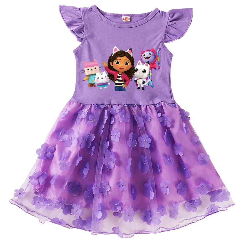 Vestidos Gabbys Dollhouse Costume Kids Cartoon Gabby Chat Dress Baby Girls Summer Short Sleeve Casual Dresses and Bag & Headband