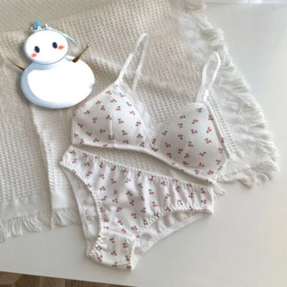Japanese Sweet Lolita Bra&Panty Set Cherry Strawberry Print Wireless Comfort Bralette Anti Sagging AB Cup MOYISU 32-38-Sexy Bras