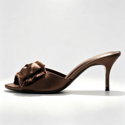 Elegant Brown Satin Bow Detail Women's Slippers Sexy Peep Toe High Heel Sandals for Ladies 2027 Summer Comfortable Women's Shoes