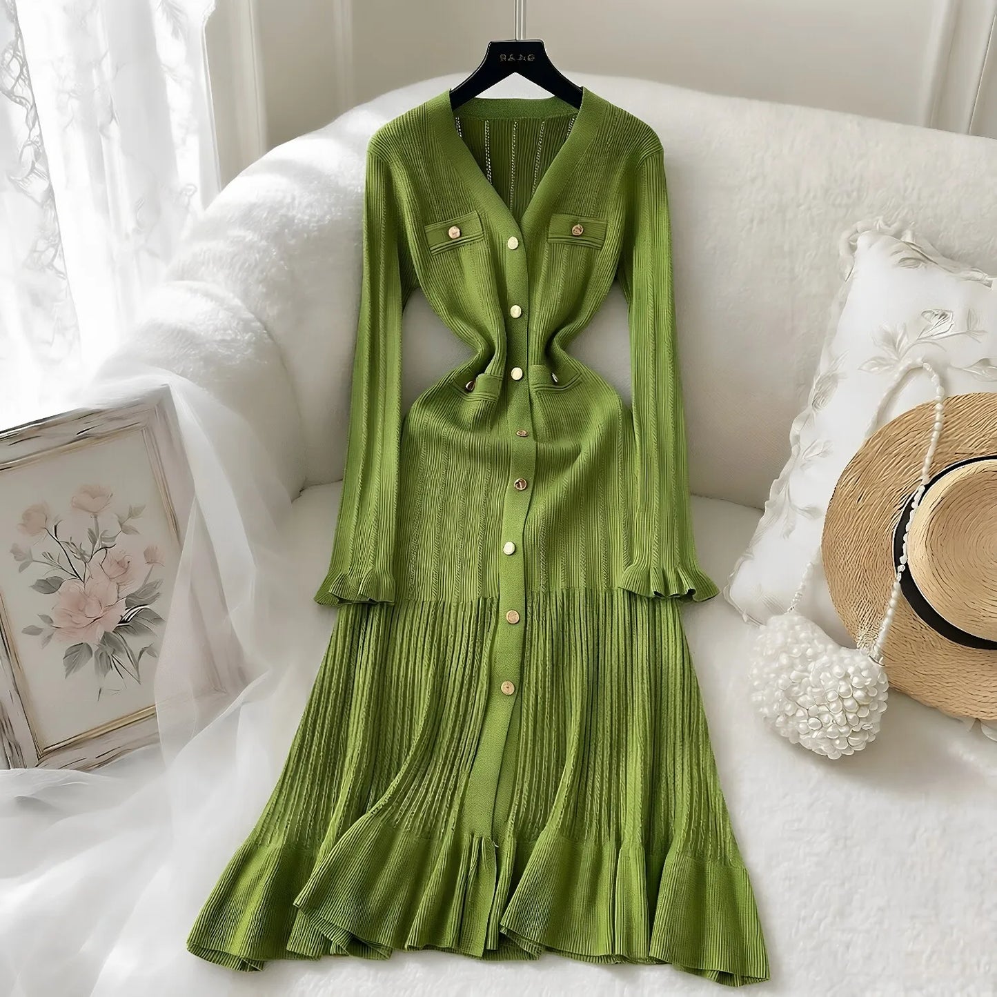 YuooMuoo Brand Fashion Vintage Knitted Long Dress Spring Summer Women Elegant V-neck Ruffled Bodycon Sweater Dress Party Vestido