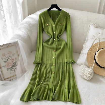 YuooMuoo Brand Fashion Vintage Knitted Long Dress Spring Summer Women Elegant V-neck Ruffled Bodycon Sweater Dress Party Vestido
