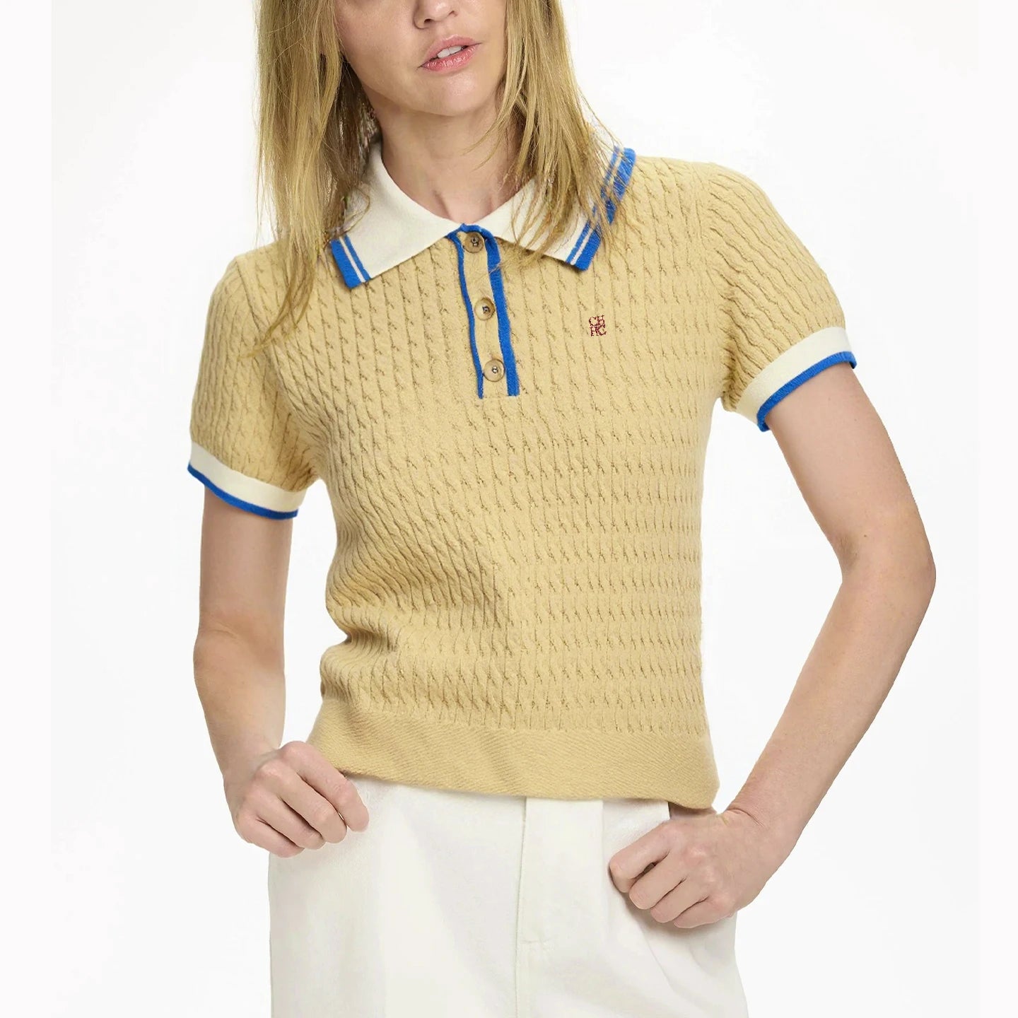 CH Solid Color Embroidered Knit Polo Shirt Women Elegant Short Sleeve Ribbed Trim Office Casual Tops