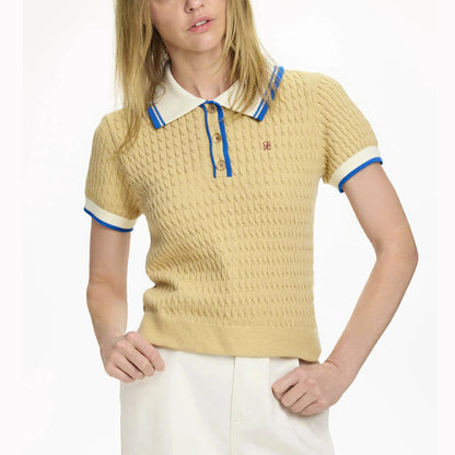 CH Solid Color Embroidered Knit Polo Shirt Women Elegant Short Sleeve Ribbed Trim Office Casual Tops