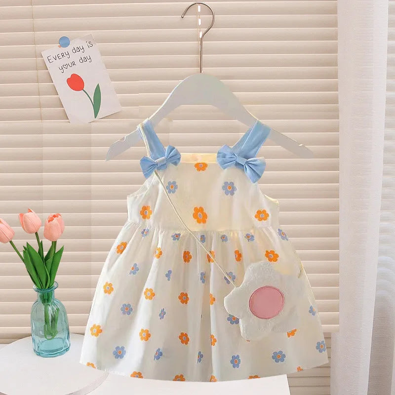 Summer Baby Girls' Dress New 2PCS/Set Cute Bag Kids Fresh Floral Bow Strap Daily Thin Sleeveless Vest Girl Dress