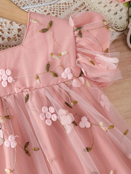 Baby girl flower embroidered mesh dress with bow tie and strap design, suitable for spring and summer when paired with a bag