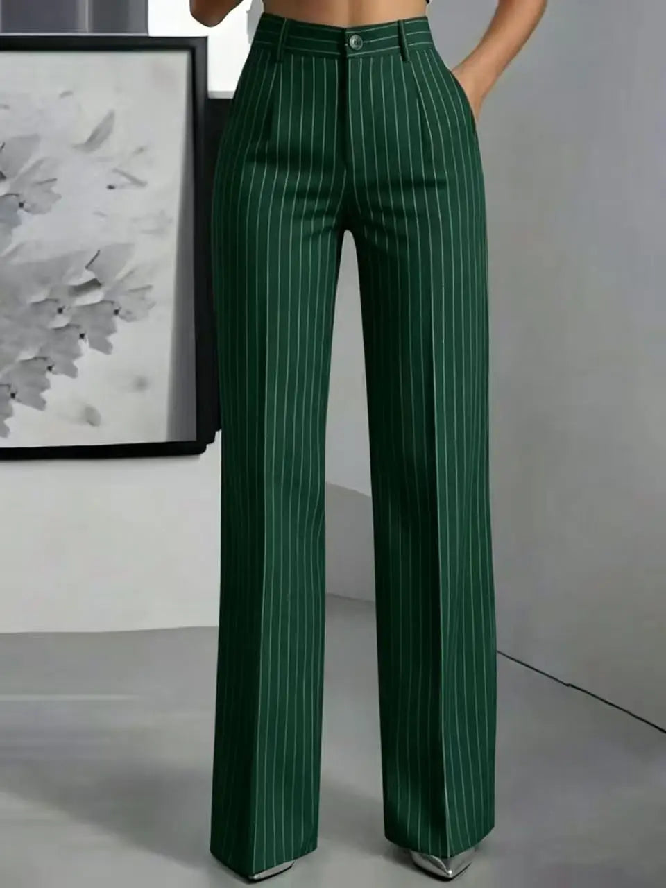 Women Striped Vintage Elastic Back Waist Suit Pants Draped Wide Leg Slacks Business Commute Casual Work Office Ladies Trousers