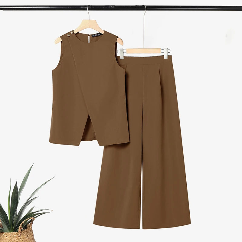 2026 ZANZEA Fashion Summer Pant Sets Sleeveless Tank Tops Trousers Women 2 Piece Sets Elegant Solid OL Work Outfit Without Belt