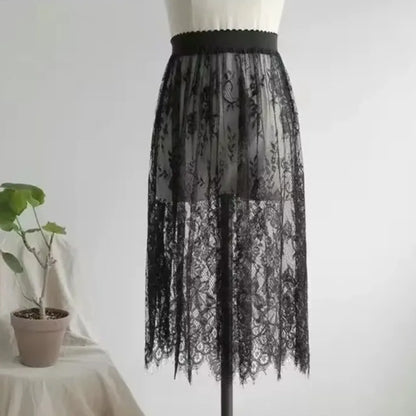Fashion Transparent Sexy Lace Mesh Skirt Elegant Lace Long Tulle Skirt Ladies Elastic High Waist Womens Skirt Ladies