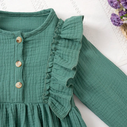Girls' Long-Sleeve Dress Kids Cotton Skin-Friendly Breathable, Ruffled Shoulder & 3D Button Design, Soft For Party and Gift 3-8Y