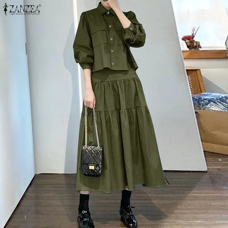 ZANZEA Casual Women's 2 Piece Skirt Sets Long Sleeve Shirts and Elastic Waist Midi Skirts Suits 2pcs Elegant Woman Outfits