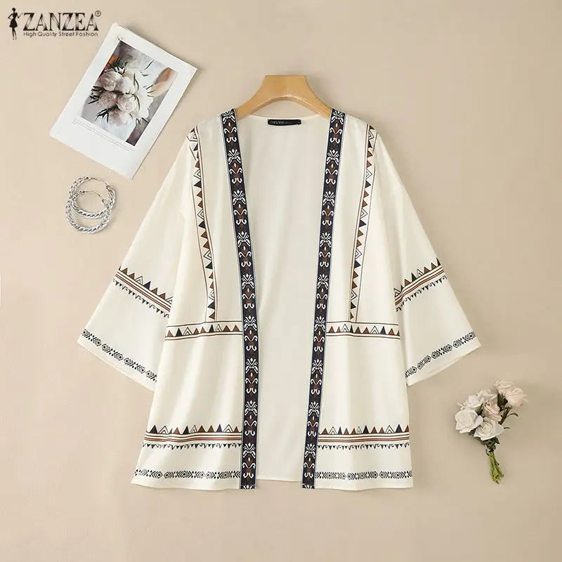 ZANZEA Women's Casual Ethnic Print Kimonos 3/4 Sleeves Open Front Long Cardigans Summer Bohemian Vacation Sunscreen Cover-Up