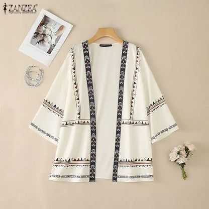 ZANZEA Women's Casual Ethnic Print Kimonos 3/4 Sleeves Open Front Long Cardigans Summer Bohemian Vacation Sunscreen Cover-Up