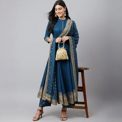 Indian Ethnic Wear Women Kurta Set Blue Printed Cotton Silk Suit Summer Traditional Salwar Kameez 3pcs Sets Breathable Outfit