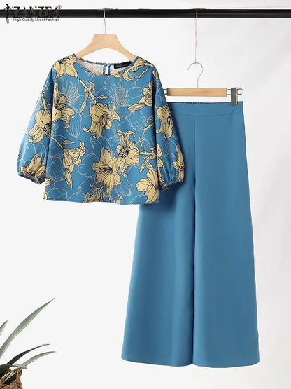 Summer Printed Tracksuits Bohemain Trousers Suit 2024 ZANZEA Women 3/4 Sleeve Blouse Wide Leg Pants Sets Vintage Matching Sets