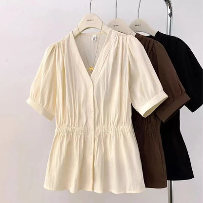 200 Pounds Plus Size Elastic Waist Summer Shirt And Blouse  Solid Top Women's New In Clothes Simple V-neck French