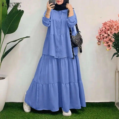 Plus Size Women Dress Sets Modest Muslim Long Sleeve Blouse Maxi Skirt ZANZEA Buttons Up Shirt Sundress Suit 2PCS Ramadan Outfit