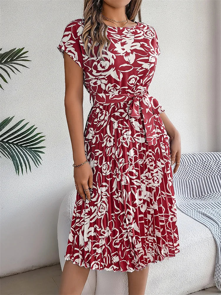 Ficusrong Fashion Floral Pleated A Line Long Dress Women Spring Summer Short Sleeve High Waist Chic Dress