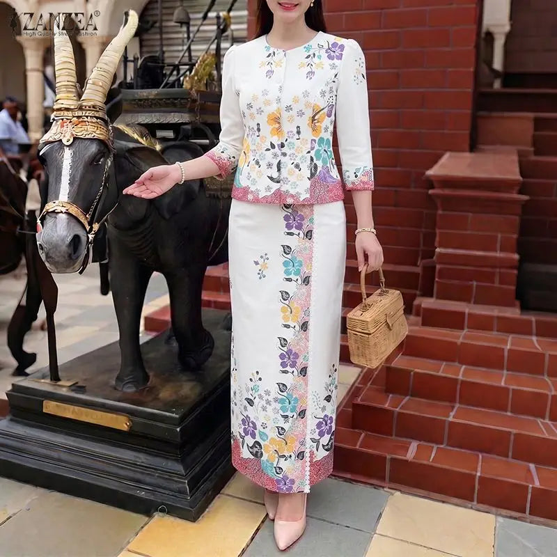 ZANZEA Women's Elegant Floral Print 2 Pieces Matching Skirt Sets 3/4 Sleeve Blouses & Maxi Skirts Suits Office Lady Outfits 2pcs
