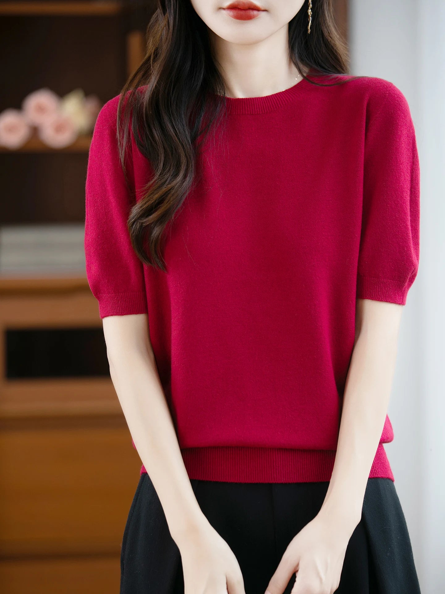 Autumn Women 100% Merino Wool Sweater O-Neck Cashmere Pullover Basic Fashion Short Sleeve Clothing Comfort Top Casual Solid