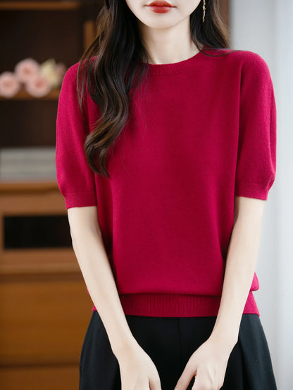 Autumn Women 100% Merino Wool Sweater O-Neck Cashmere Pullover Basic Fashion Short Sleeve Clothing Comfort Top Casual Solid