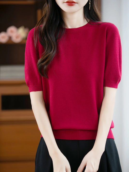 Autumn Women 100% Merino Wool Sweater O-Neck Cashmere Pullover Basic Fashion Short Sleeve Clothing Comfort Top Casual Solid