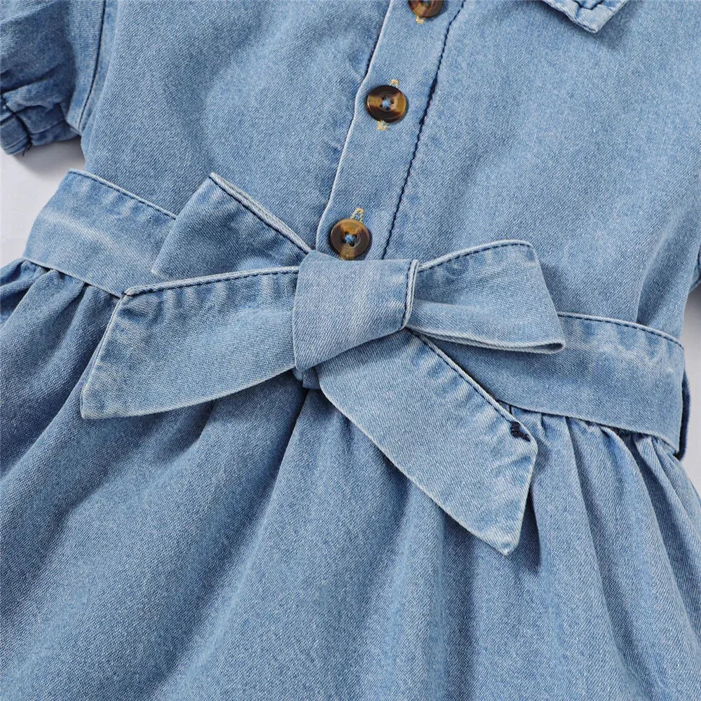 Baby Girl Fashion Dress Bubble Sleeve Lapel Jeans Casual Dress+Belt Summer Birthday Party Costumes for 1-3 Years Toddler Girl