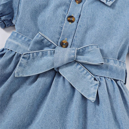 Baby Girl Fashion Dress Bubble Sleeve Lapel Jeans Casual Dress+Belt Summer Birthday Party Costumes for 1-3 Years Toddler Girl