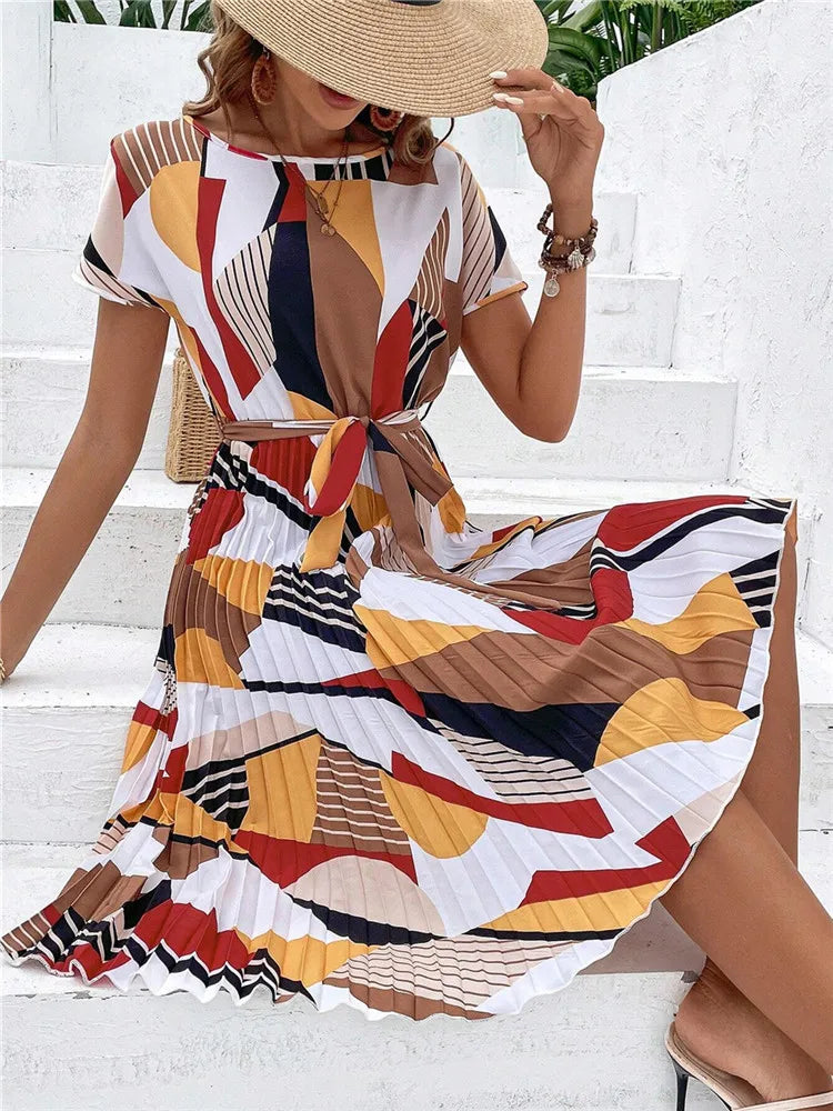 Ficusrong Fashion Floral Pleated A Line Long Dress Women Spring Summer Short Sleeve High Waist Chic Dress