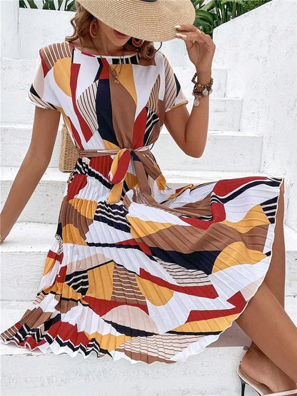 Ficusrong Fashion Floral Pleated A Line Long Dress Women Spring Summer Short Sleeve High Waist Chic Dress