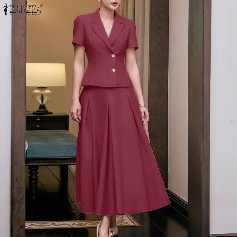 ZANZEA Women Summer 2 Piece Sets Elegant Short Sleeve Lapel Neck Blouse Dress Sets Solid A Line OL Work Skirt Suit Office Outfit