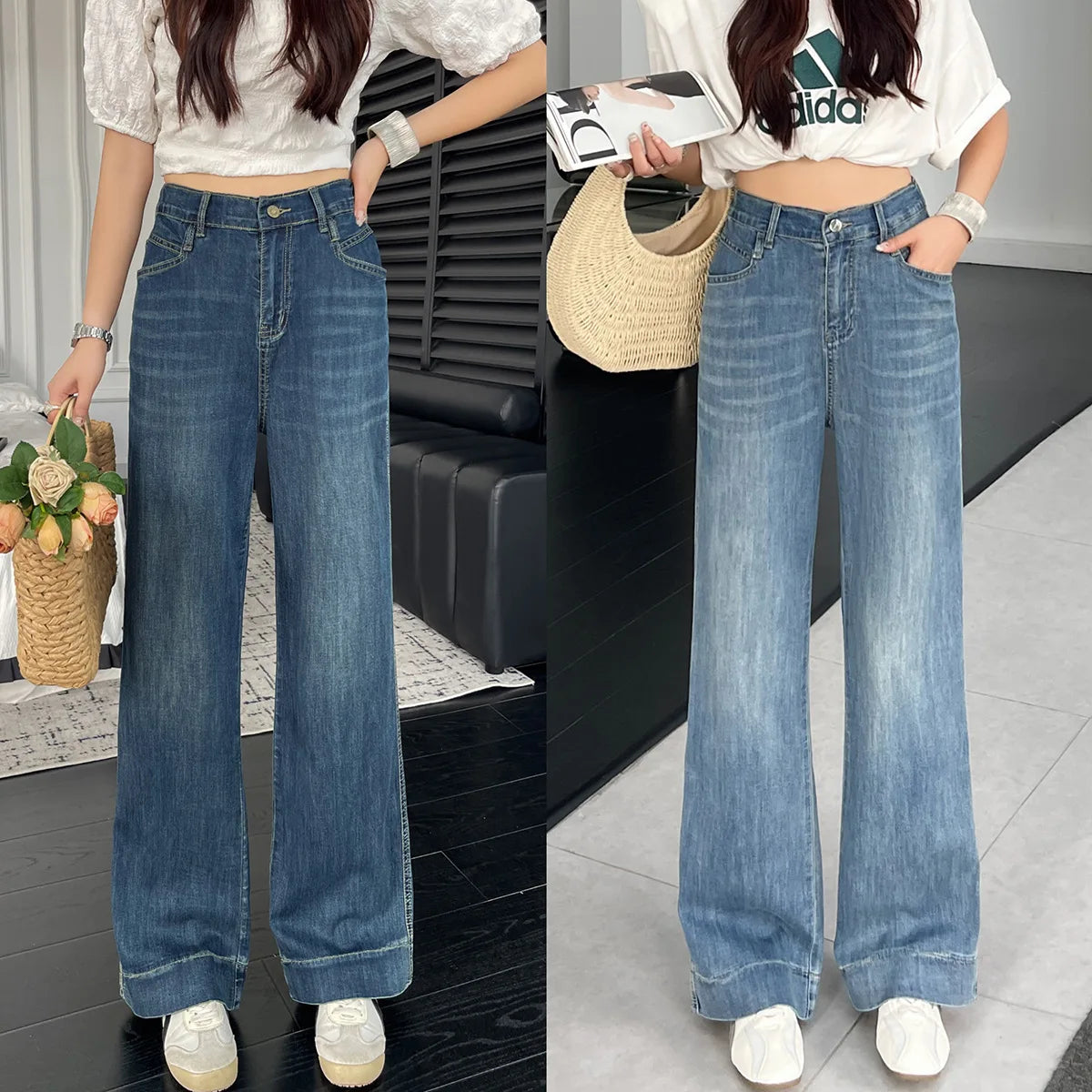 2025 Summer New Style 100kg Casual Slimming Stretch Thin Denim Straight Long Pants Plus Size Women's JEANS 8653