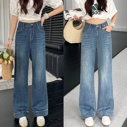 2025 Summer New Style 100kg Casual Slimming Stretch Thin Denim Straight Long Pants Plus Size Women's JEANS 8653