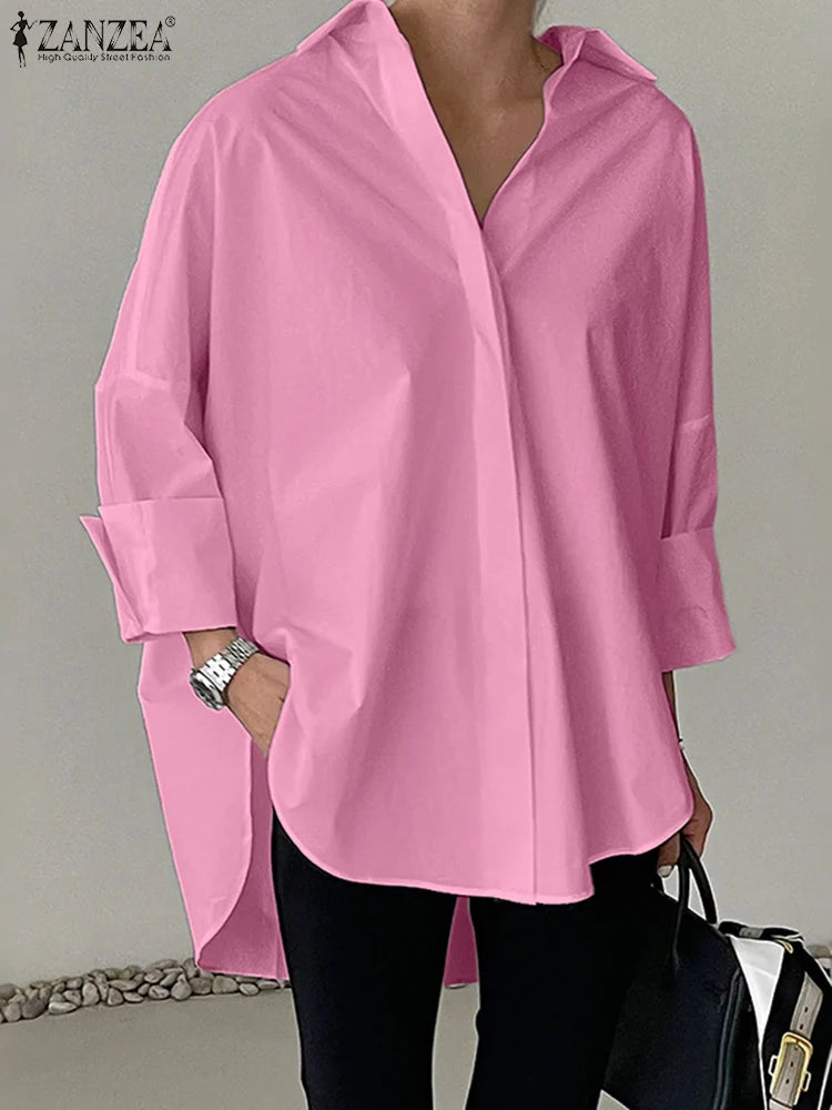 ZANZEA Oversized Woman White Shirts Turn-Down Collar Long Sleeve Button Up High-Low Solid Color Blouse 2026 Autumn Streetwear