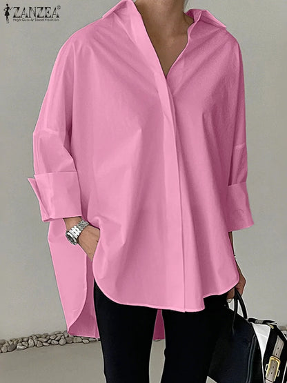 ZANZEA Oversized Woman White Shirts Turn-Down Collar Long Sleeve Button Up High-Low Solid Color Blouse 2026 Autumn Streetwear