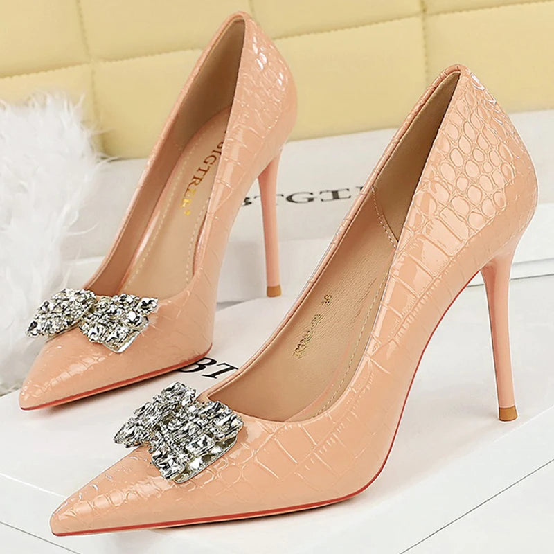 BIGTREE Shoes White High-Heeled Shoes 10 cm Stilettos Heels Stone Patterned Patent Leather Women Pumps Rhinestone Party Shoes