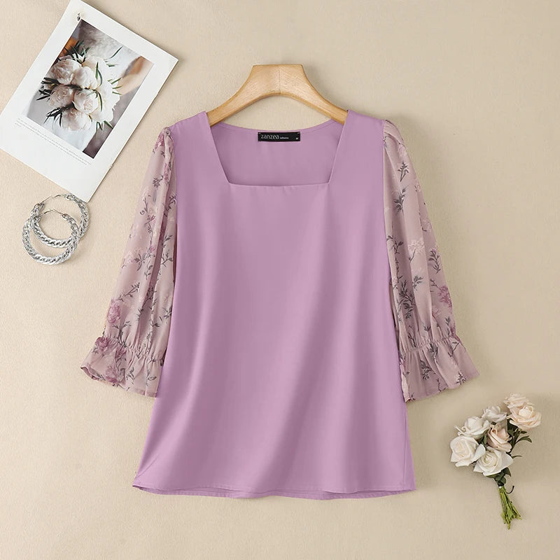 ZANZEA Women Elegant Floral Printed 3/4 Puff Sleeve Blouses Square Neck Patchwork Pullover Tops Summer Casual Blusas de Mujer