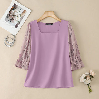 ZANZEA Women Elegant Floral Printed 3/4 Puff Sleeve Blouses Square Neck Patchwork Pullover Tops Summer Casual Blusas de Mujer