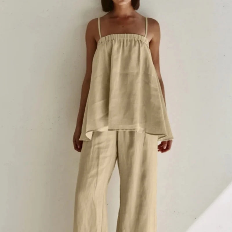 Women Linen Two Piece Set Spaghetti Strap Loose Cami Top Wide Leg Pants Summer Casual Vacation Outfit Matching Suit