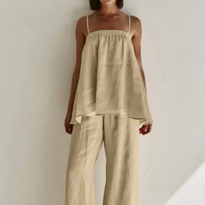 Women Linen Two Piece Set Spaghetti Strap Loose Cami Top Wide Leg Pants Summer Casual Vacation Outfit Matching Suit