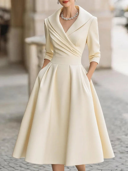 Women's Vintage V Neck Long Sleeve Wrap Waist A Line Midi Dress with Pockets