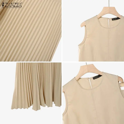 ZANZEA Elegant Thin Women Dress Sets Solid Color Summer 2PCS Two-piece Outfits Sleeveless Tops Blouse Pleated Long Skirt OL Work