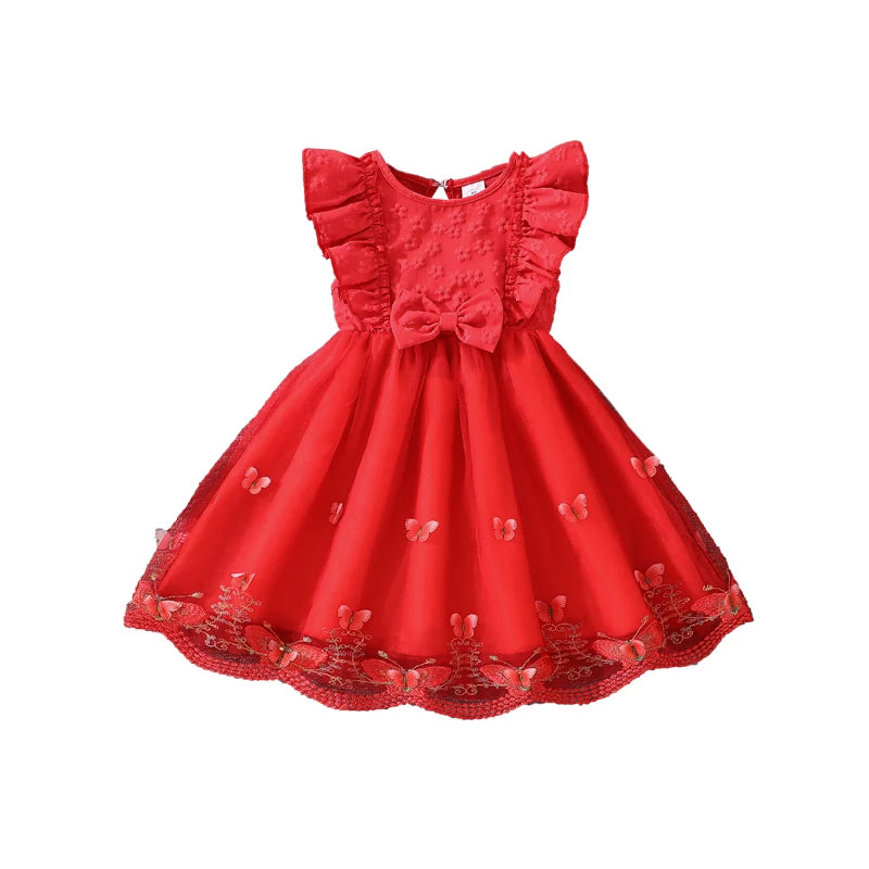 Dress For Girls Yellow O-Neck Fly-Sleeve Tulle Bowknot 8-12 Years Summer Elegant Sweet Style Princess Dress Kids Clothing