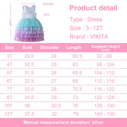 VIKITA Kids Pastel Ombre Lavender Mermaid Print Beach Vacation Dress Girls Sleeveless Summer Gradient Layered Party Tutu Dresses